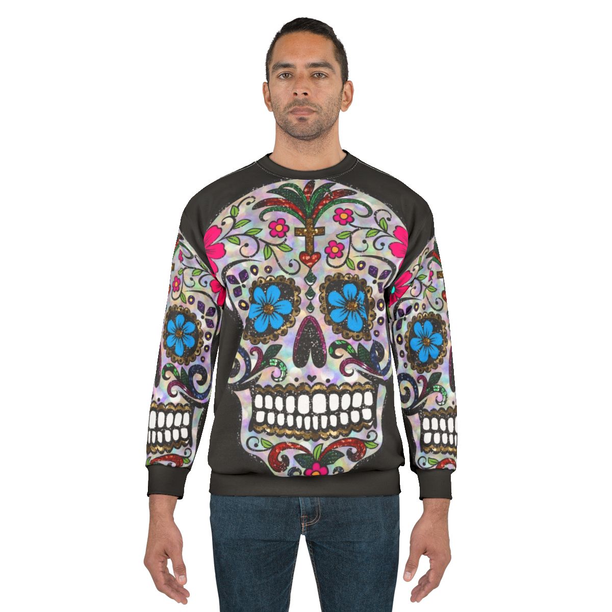 Sugar skull sequin sweatshirt for Day of the Dead and Gothic Halloween