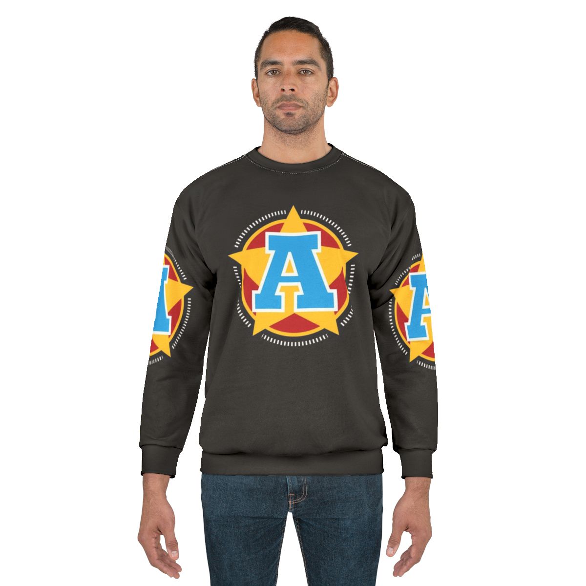 Patriotic superhero sweatshirt with letter A insignia and star and stripes design