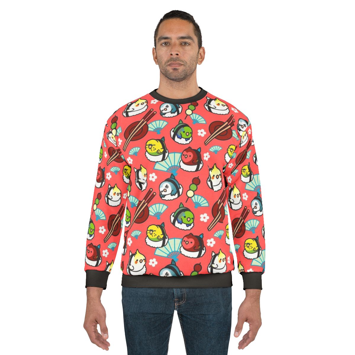 Colorful sushi time sweatshirt with Cody the lovebird