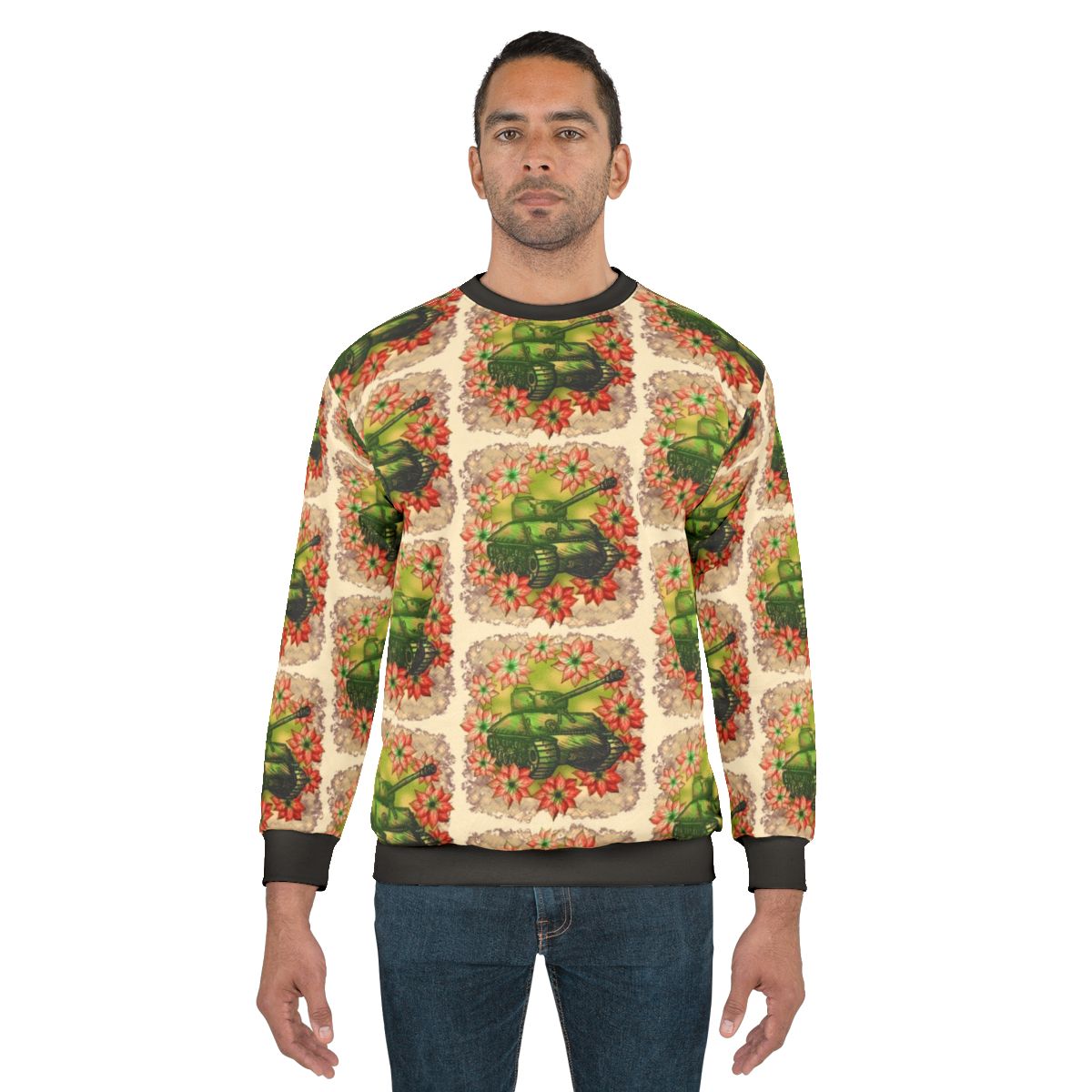 Festive military-inspired Christmas sweatshirt with camouflage pattern and poinsettia print