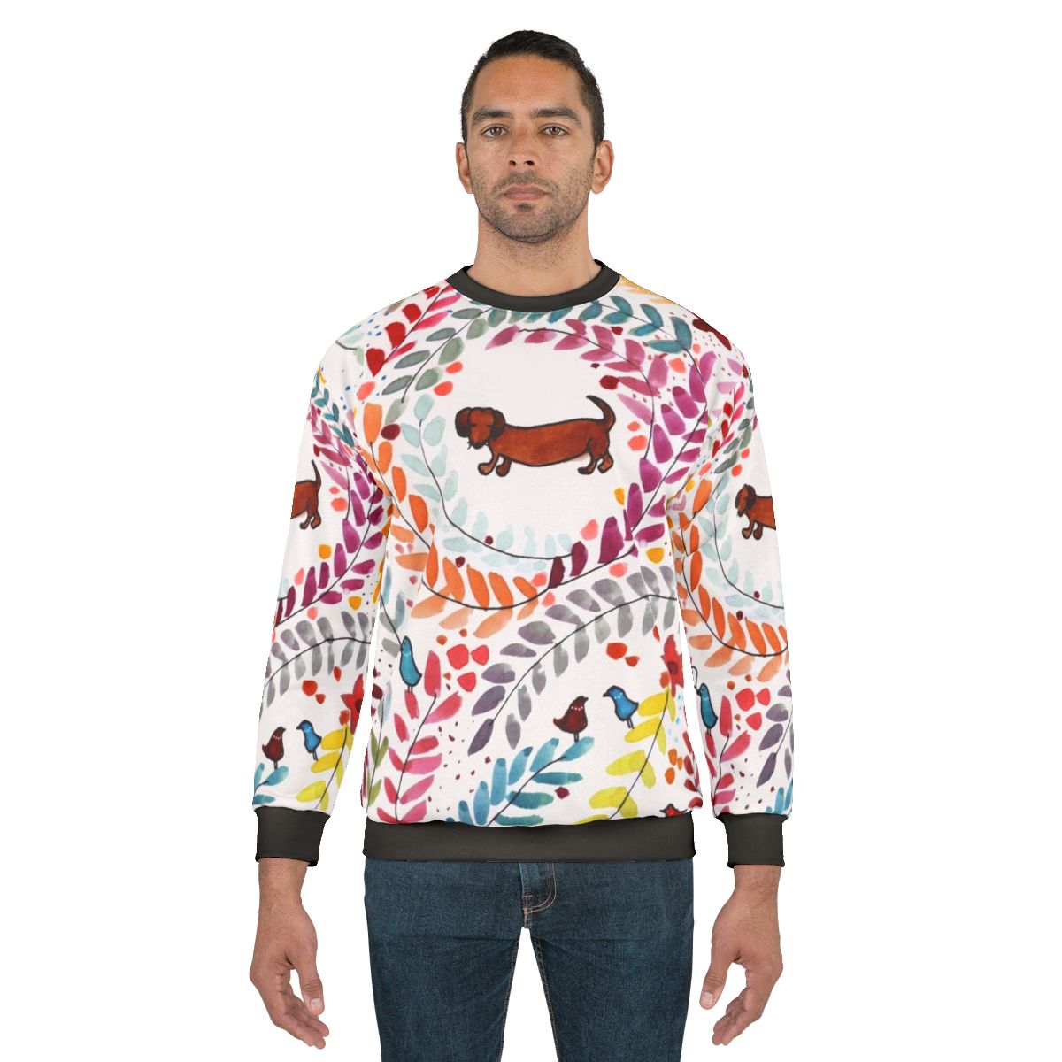 Dachshund wearing colorful floral sweatshirt