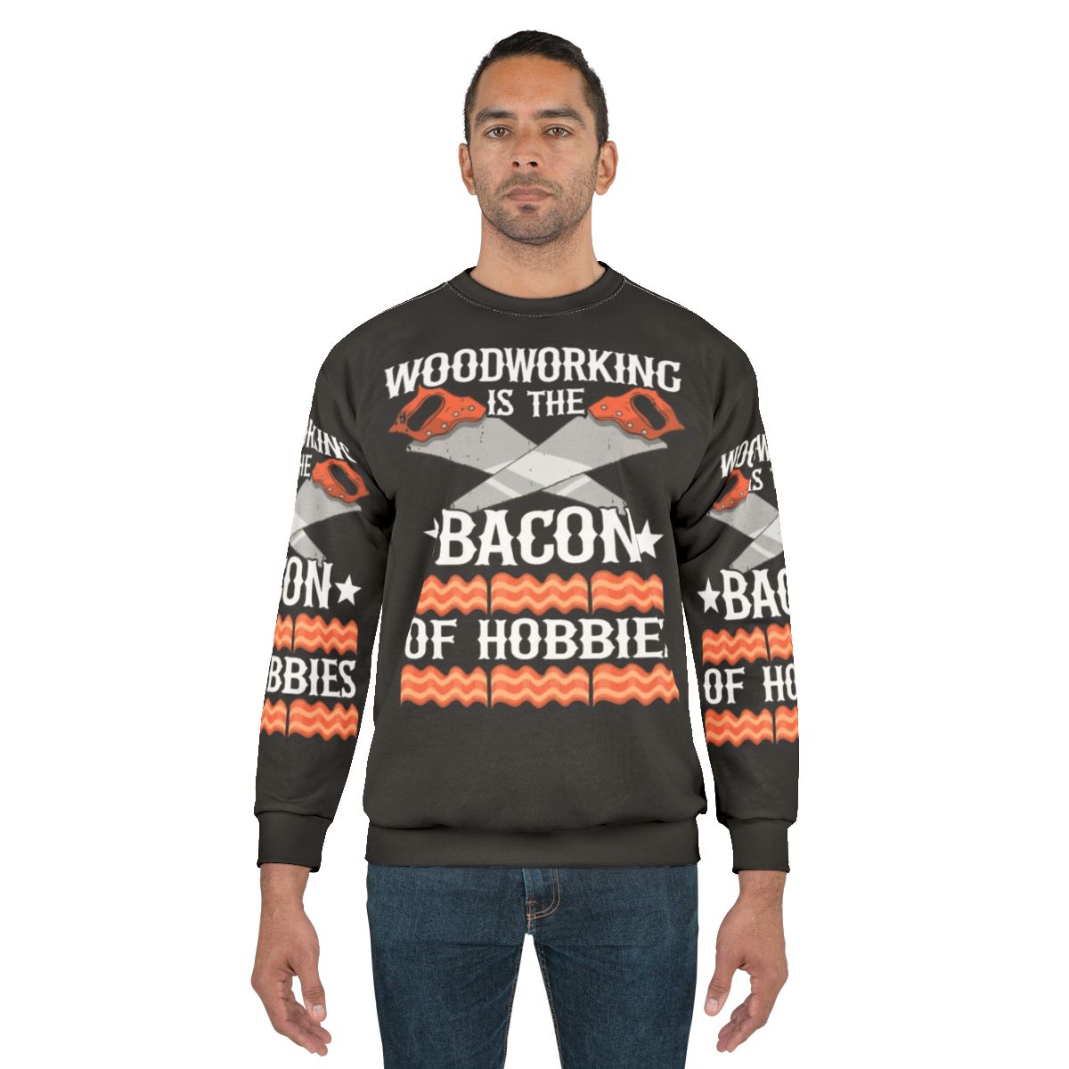 Carpenter sweatshirt with bacon-themed design