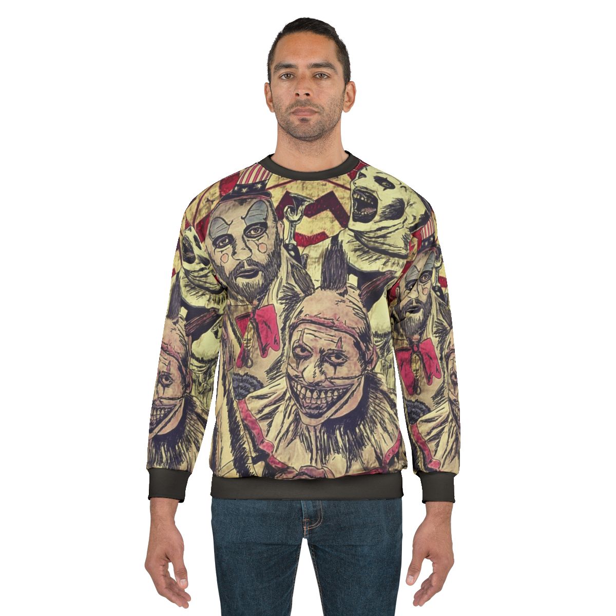 Creepy clowns horror sweatshirt with terrifier, captain spaulding, and twisty designs
