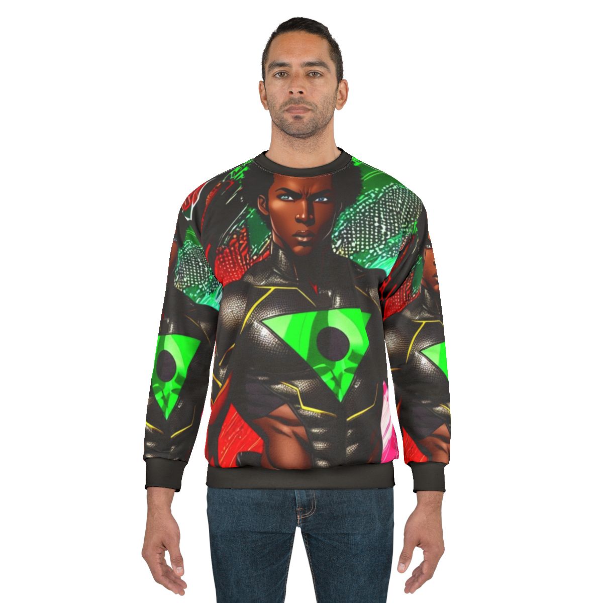 Black superhero wearing The Coalition sweatshirt