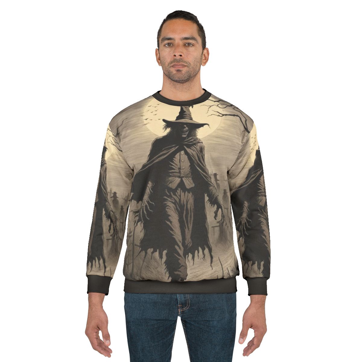 Keeper of the Fields haunting sweatshirt with scarecrow and autumn night design