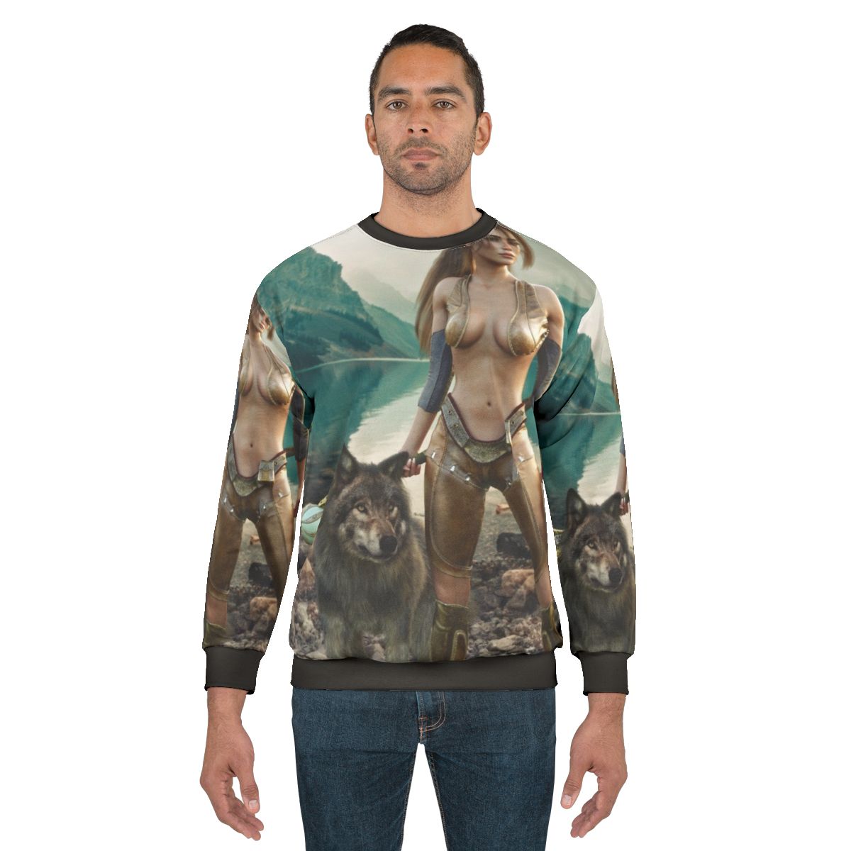 Magical druid and her wolf fantasy character on sweatshirt