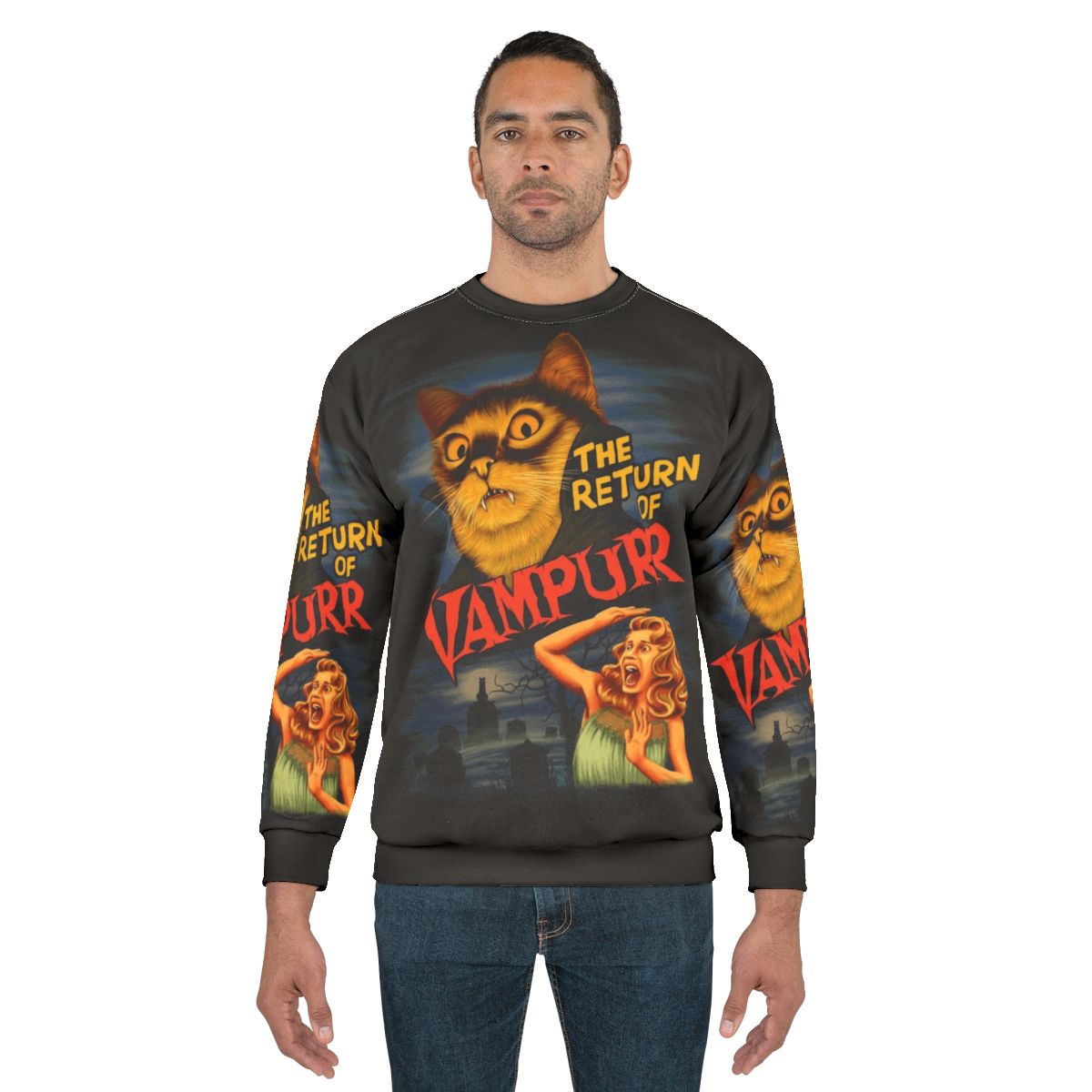 A spooky vampire cat sweatshirt design
