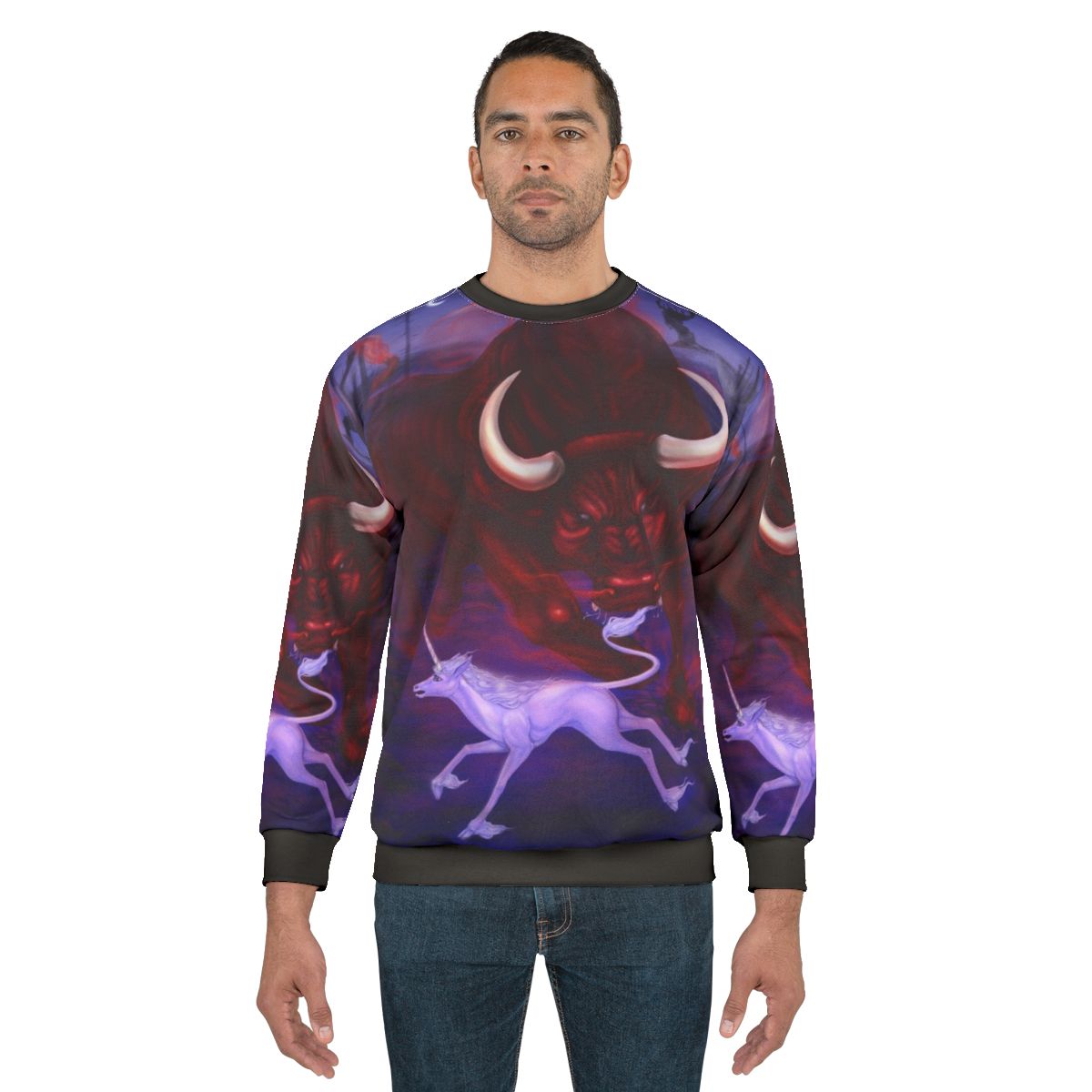 A fantasy sweatshirt featuring a unicorn and a bull