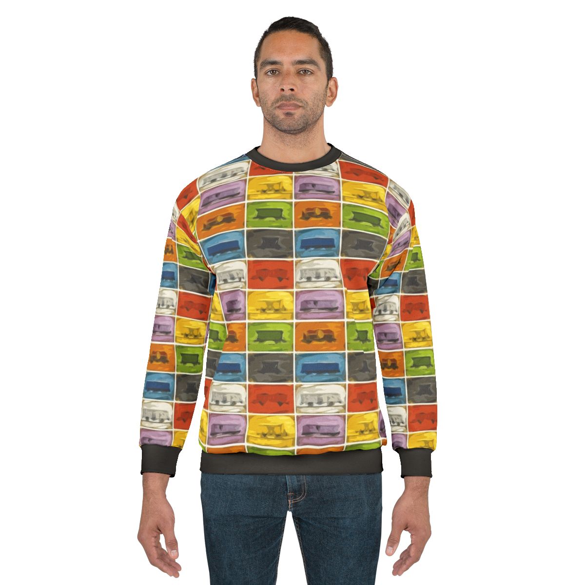 Retro board game lover wearing a Ticket to Ride-themed sweatshirt