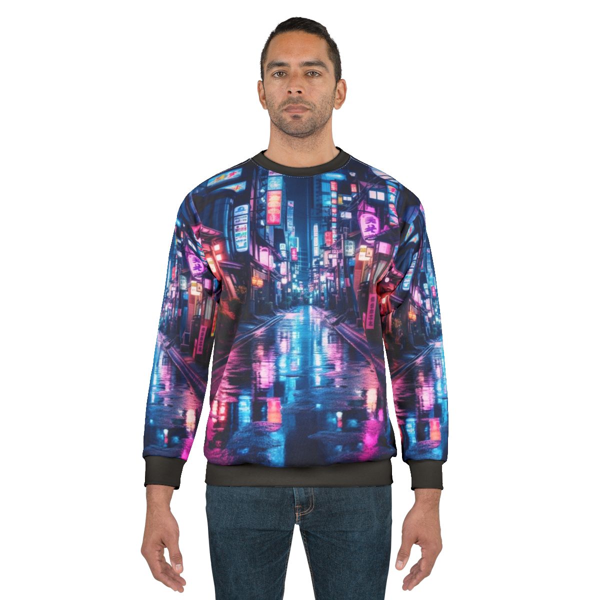 Neon-lit Tokyo street scene sweatshirt