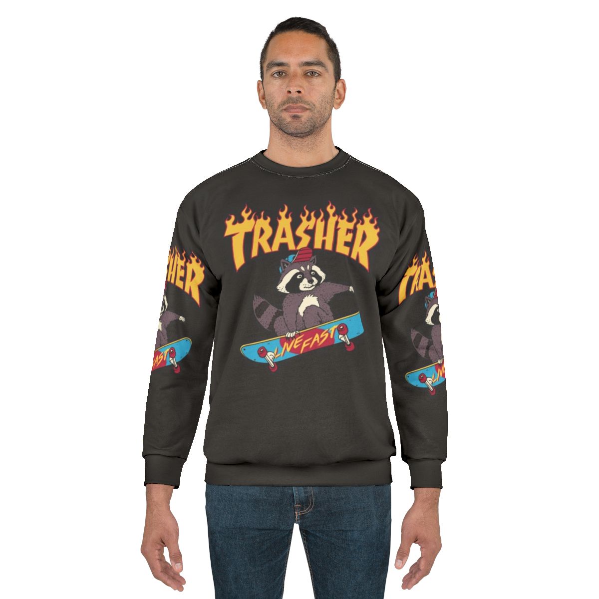Trasher retro skateboard sweatshirt with 80s vaporwave aesthetic