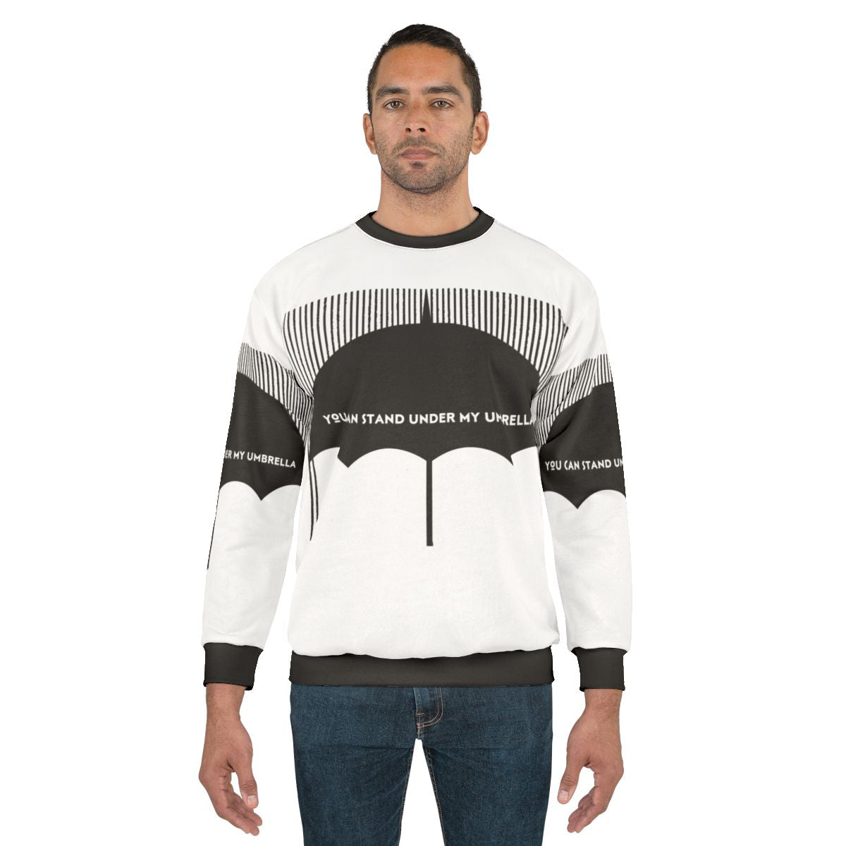 Black and white sweatshirt with an umbrella design for rainy weather aesthetic
