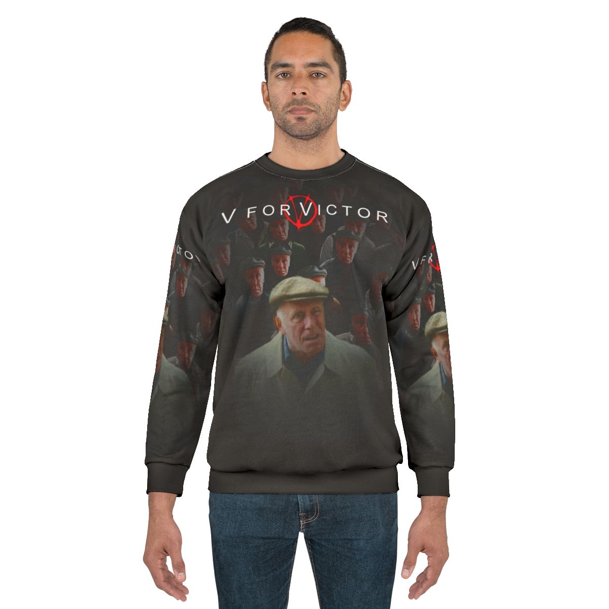 "V For Victor" graphic design on a cozy sweatshirt