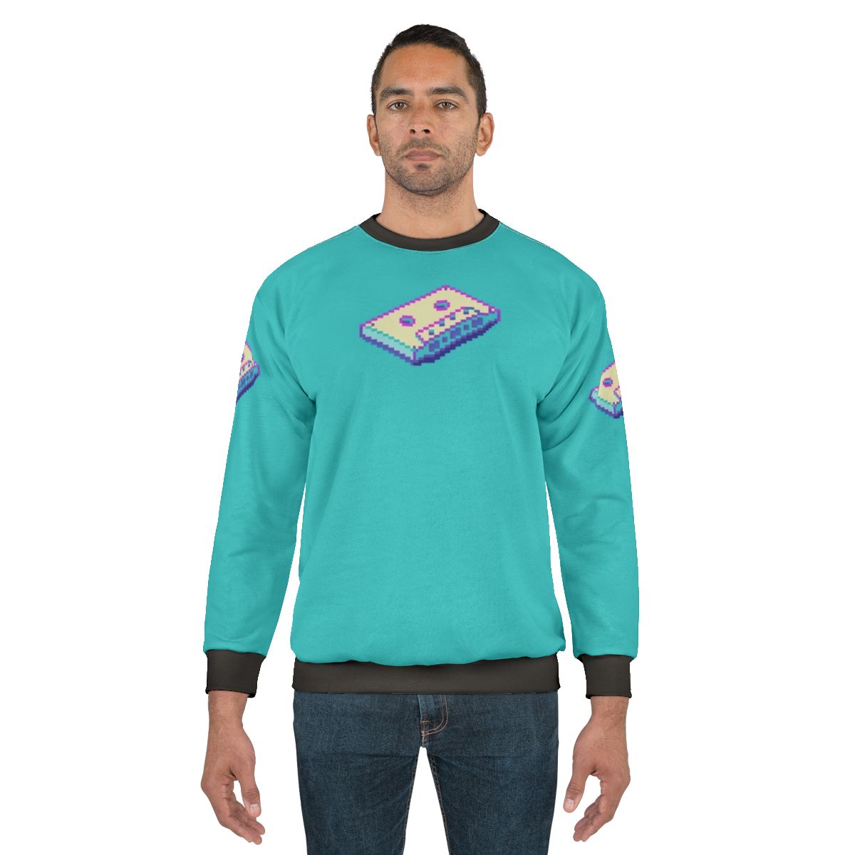 Vaporwave Cassette Sweatshirt featuring retro pixel art design