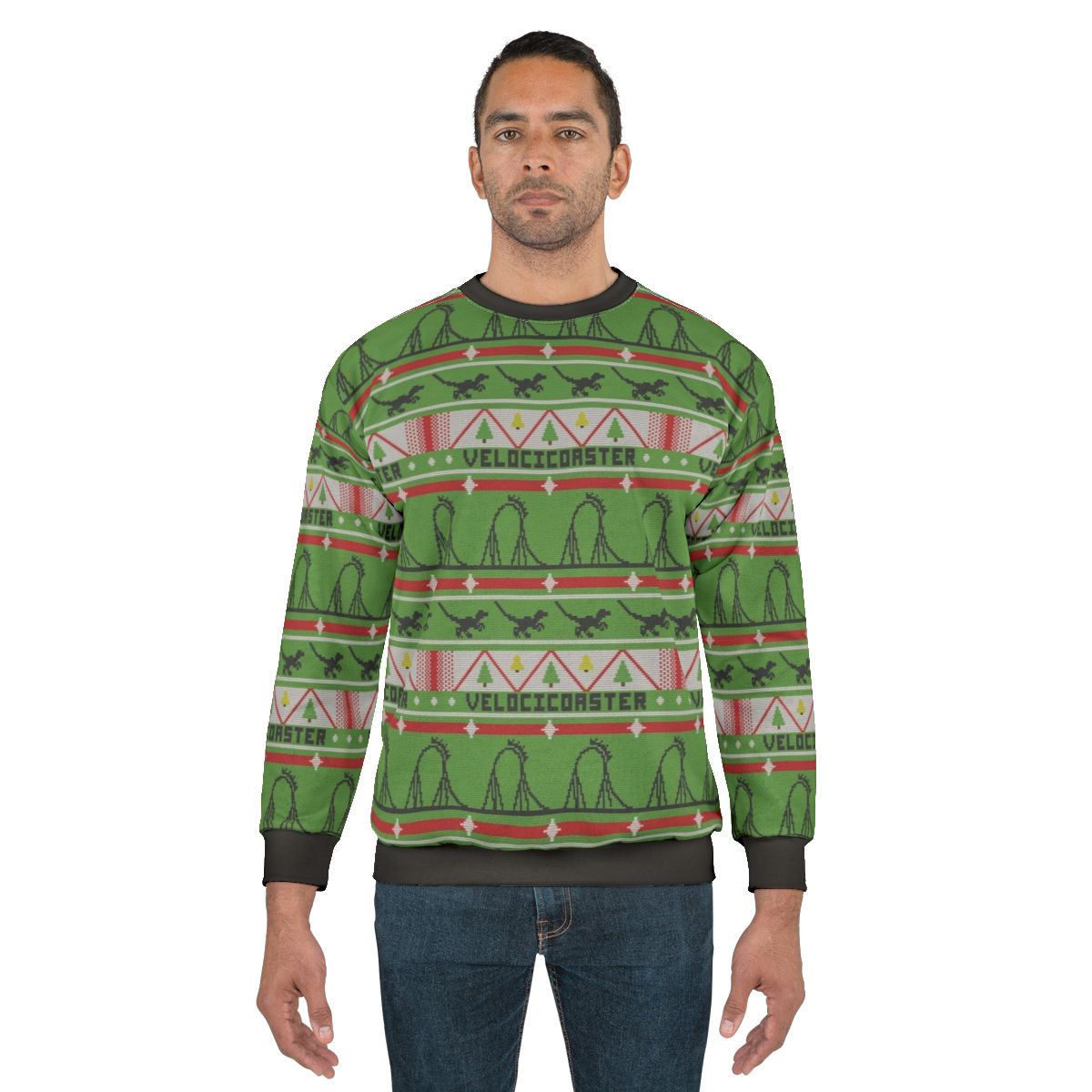 Velocicoaster Ugly Christmas Sweater Sweatshirt with Dinosaur and Roller Coaster Theme