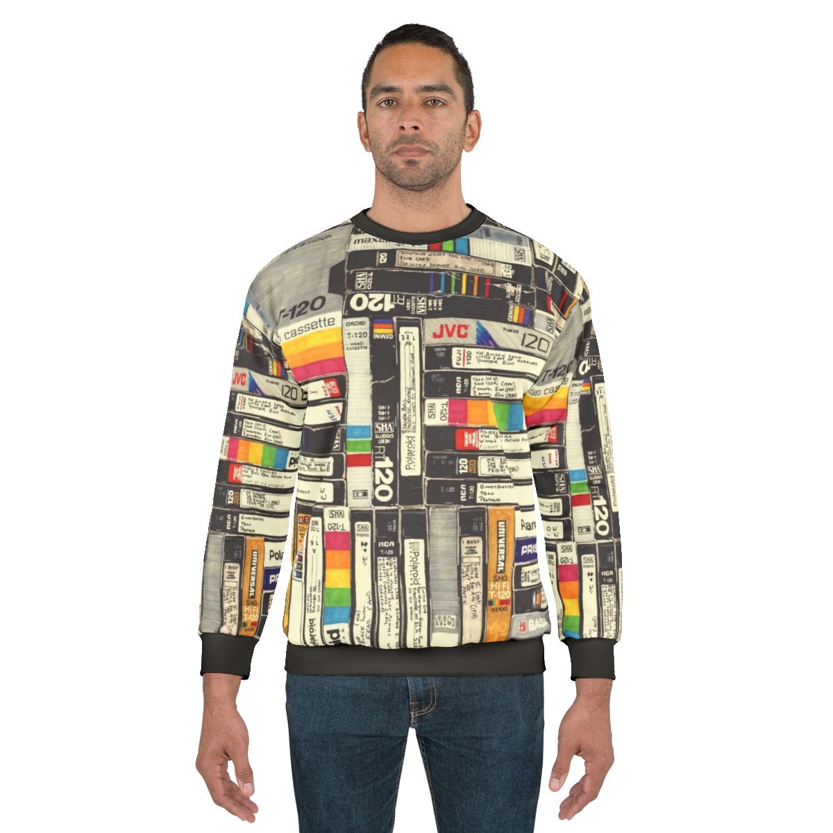 Vintage VHS sweatshirt with bold typography and retro pop culture design