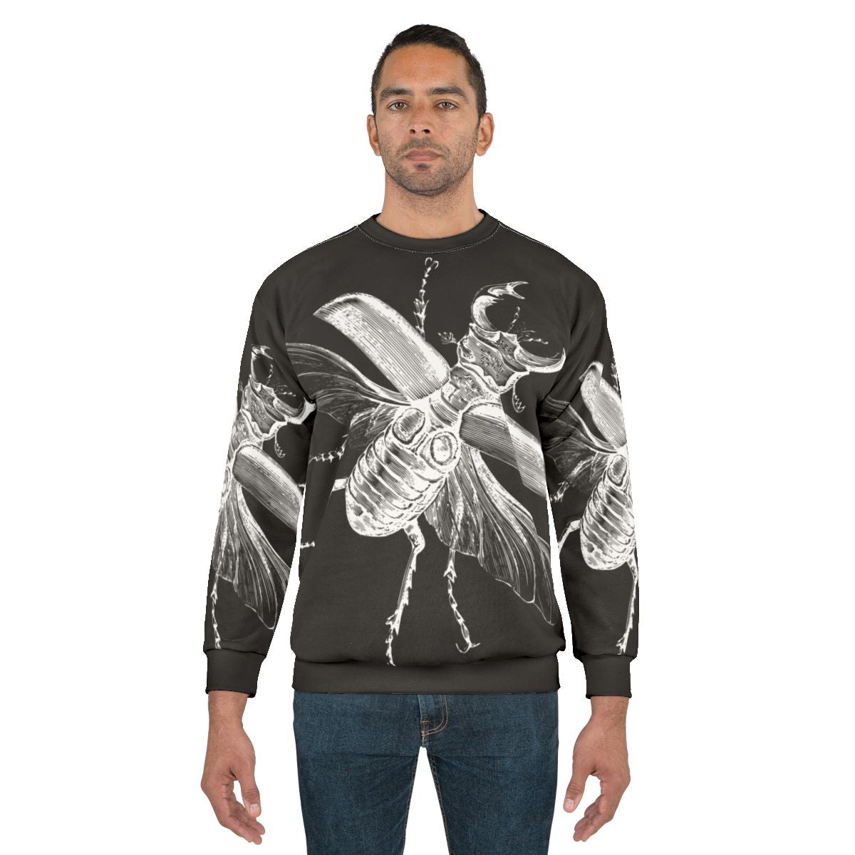 Vintage engraved stag beetle graphic on black sweatshirt
