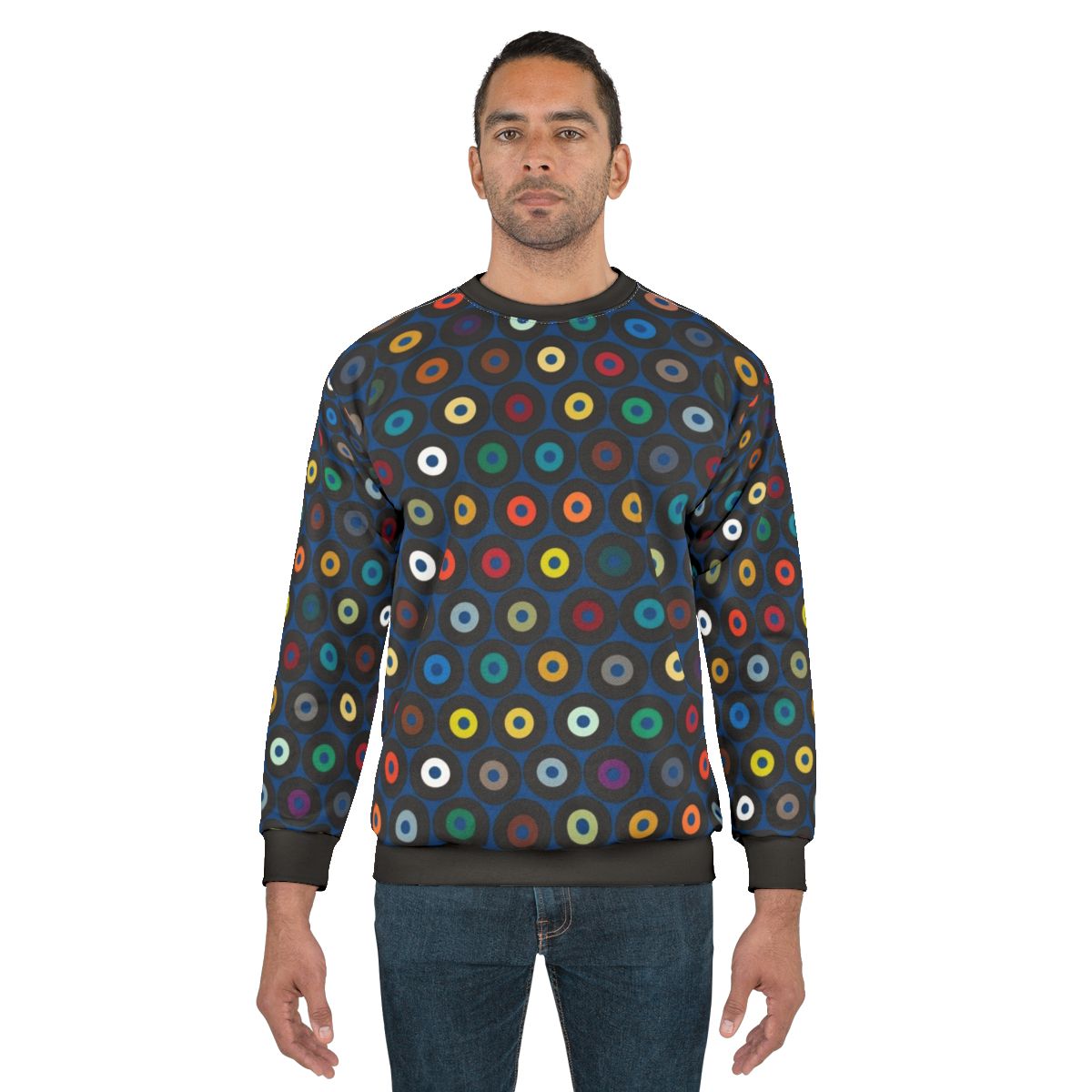 Vintage blue vinyl sweatshirt with retro graphic and polka dot pattern