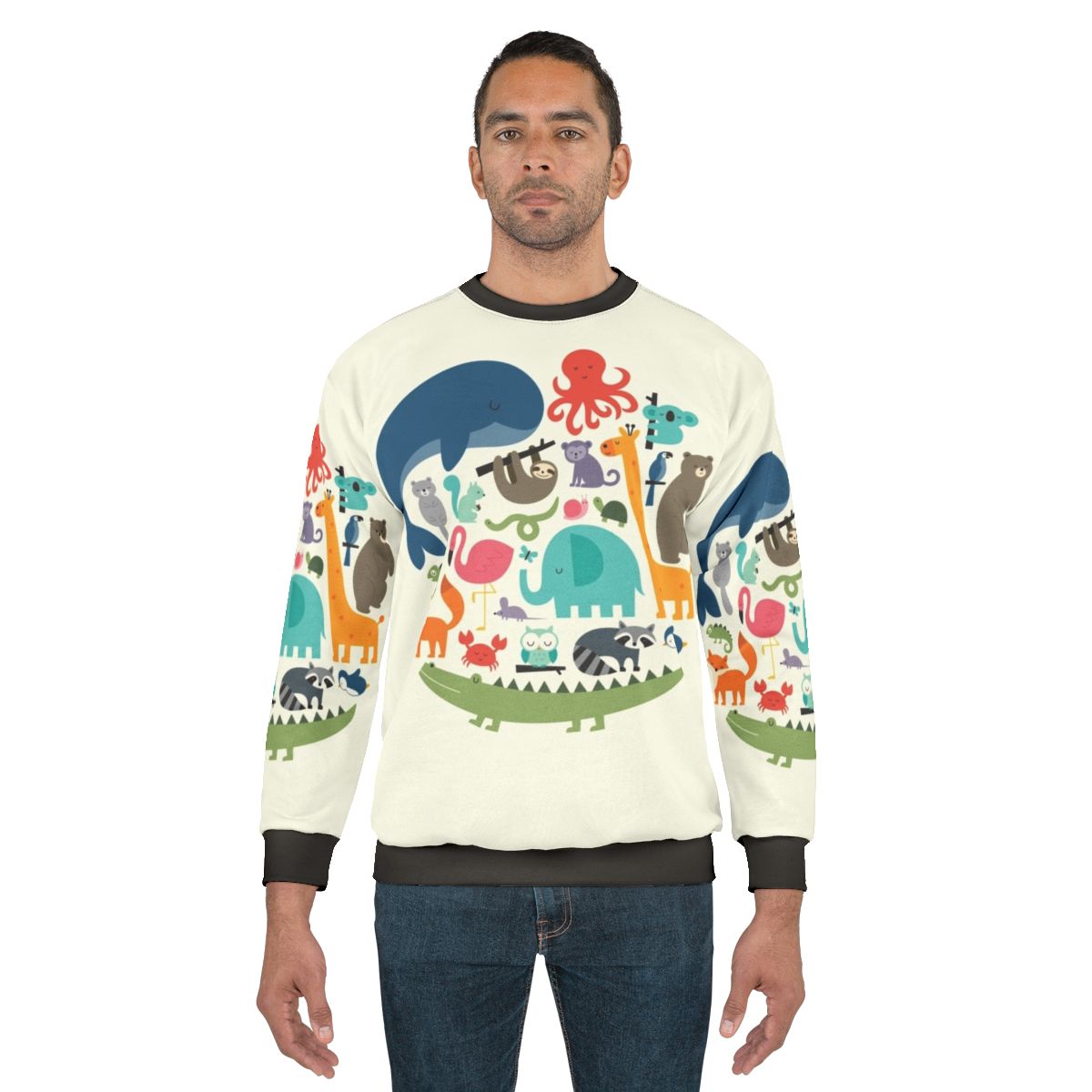 "We Are One" ethical animal print sweatshirt featuring various wildlife animals