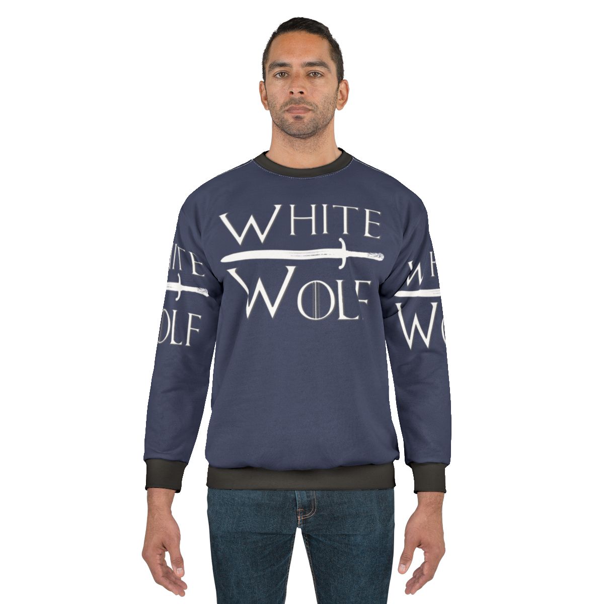 A white sweatshirt with a wolf design, perfect for Game of Thrones fans