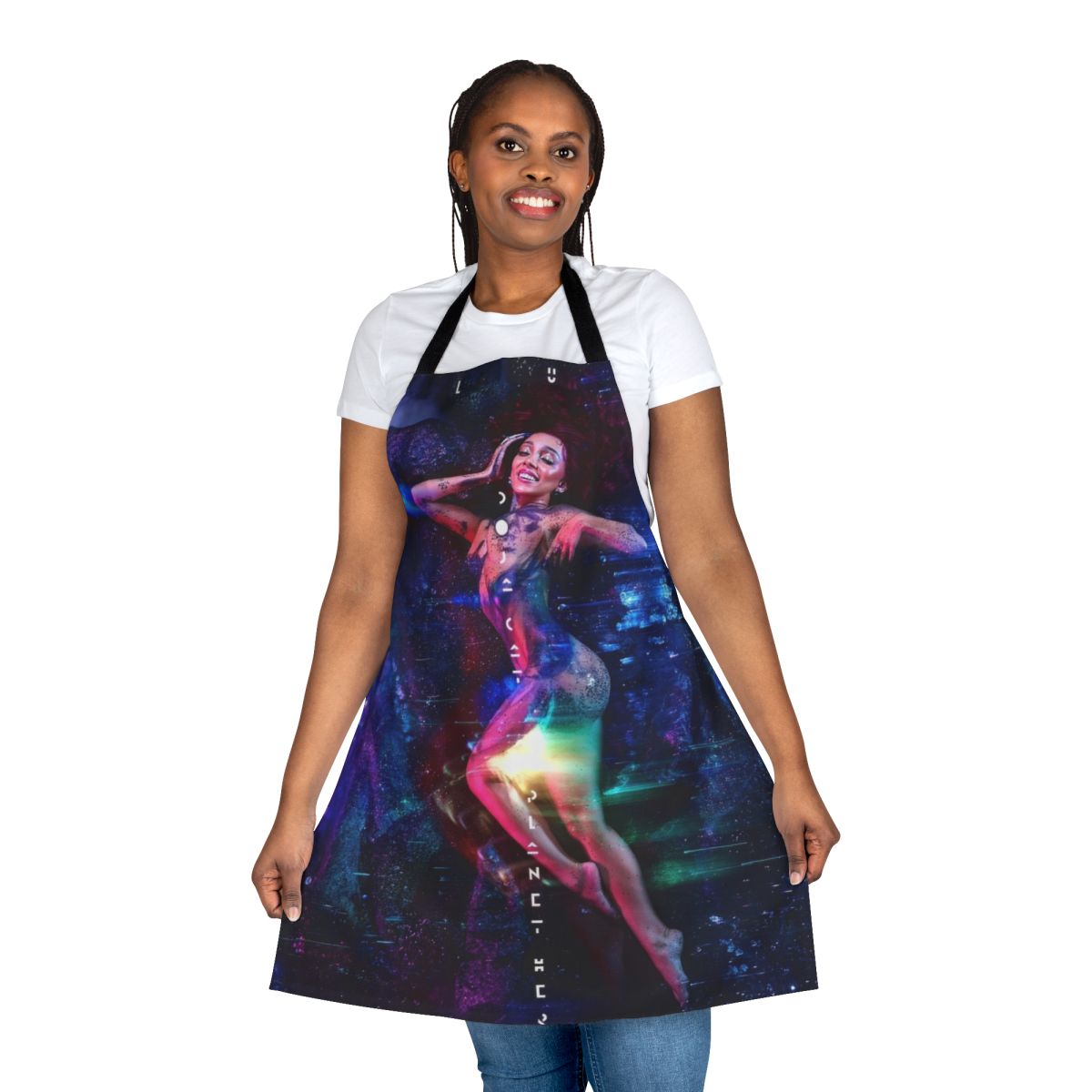 Colorful apron with an anime-style illustration of a cat in a loving pose
