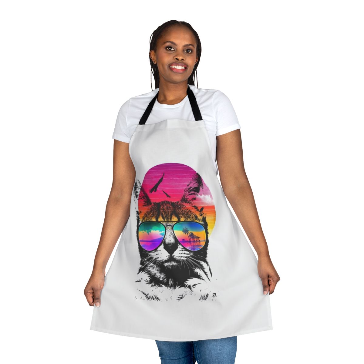 Colorful and whimsical cat apron perfect for summer cooking and baking