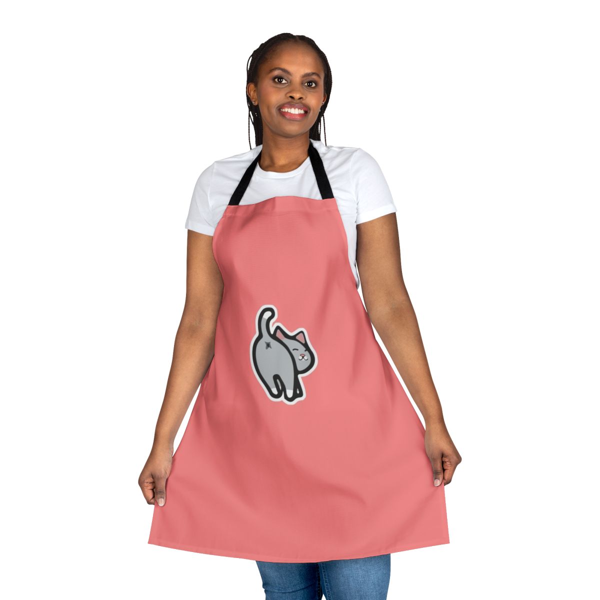 Cartoon image of a cat's butt printed on a white apron