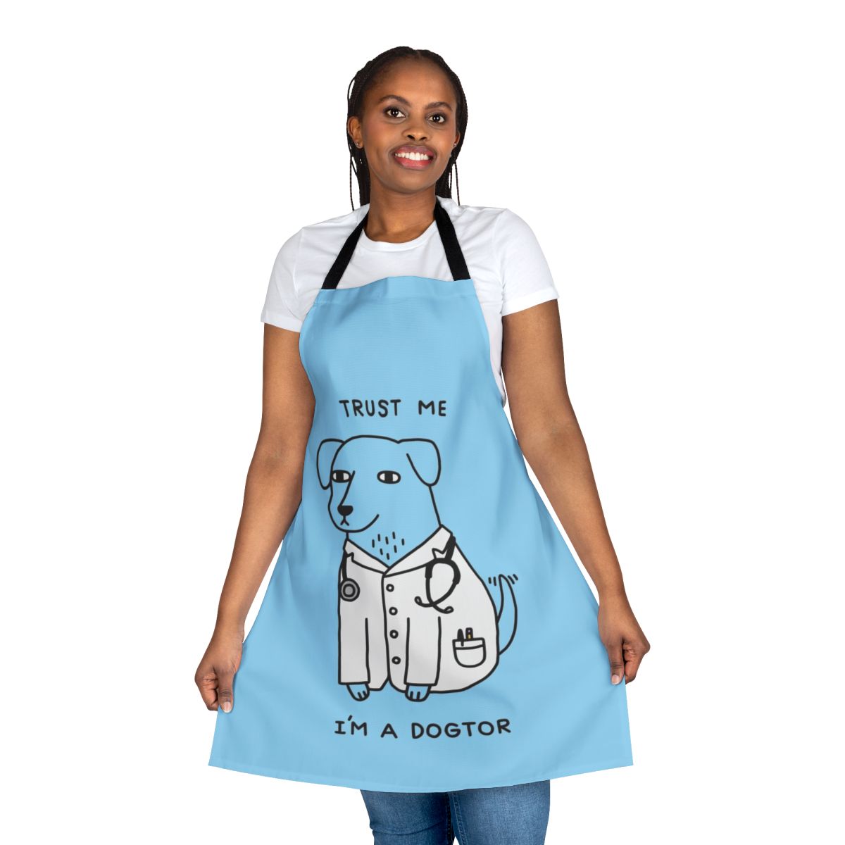 A cozy, dog-themed apron with a playful "Dogtor" pun design