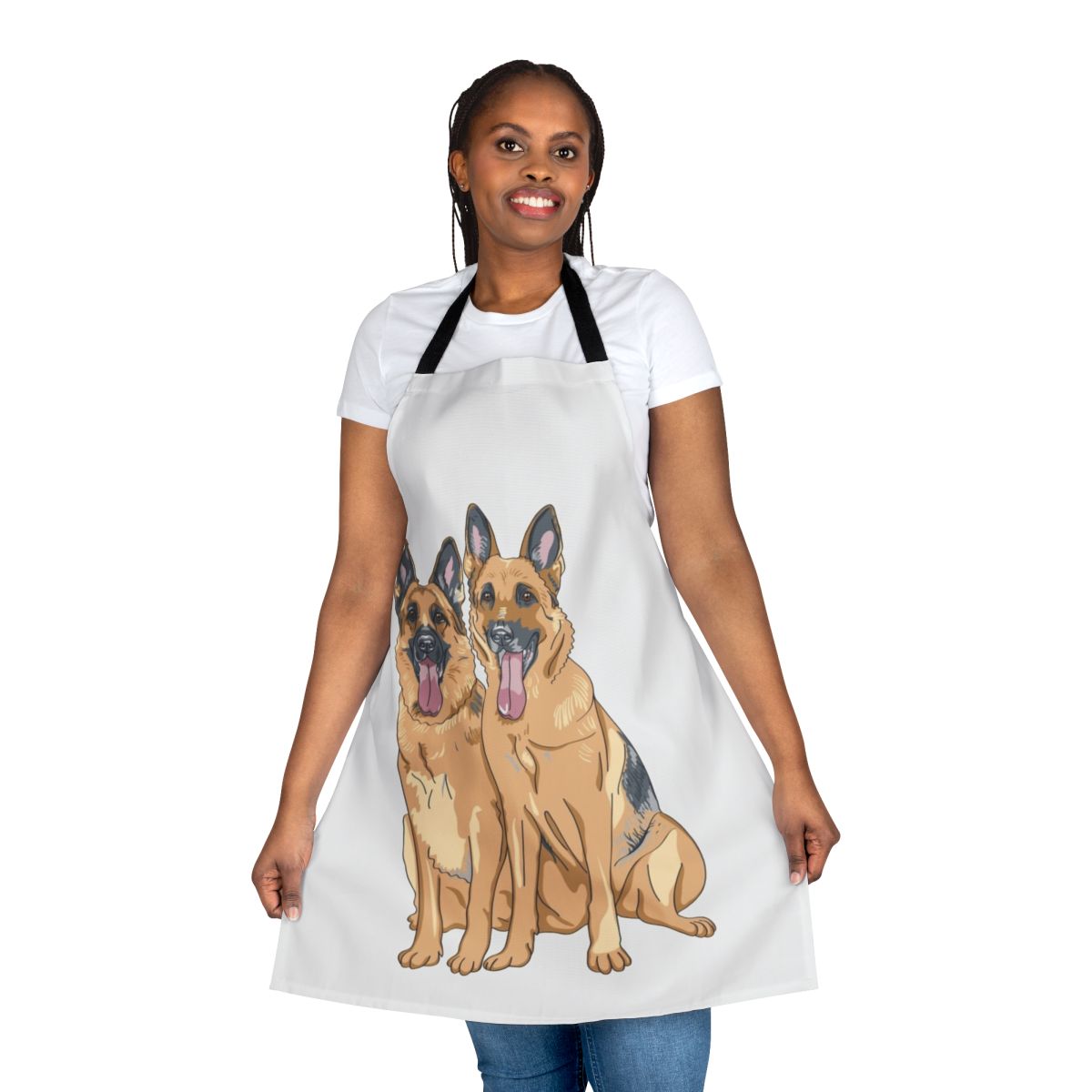 An apron featuring a playful pattern of two German shepherd dogs.
