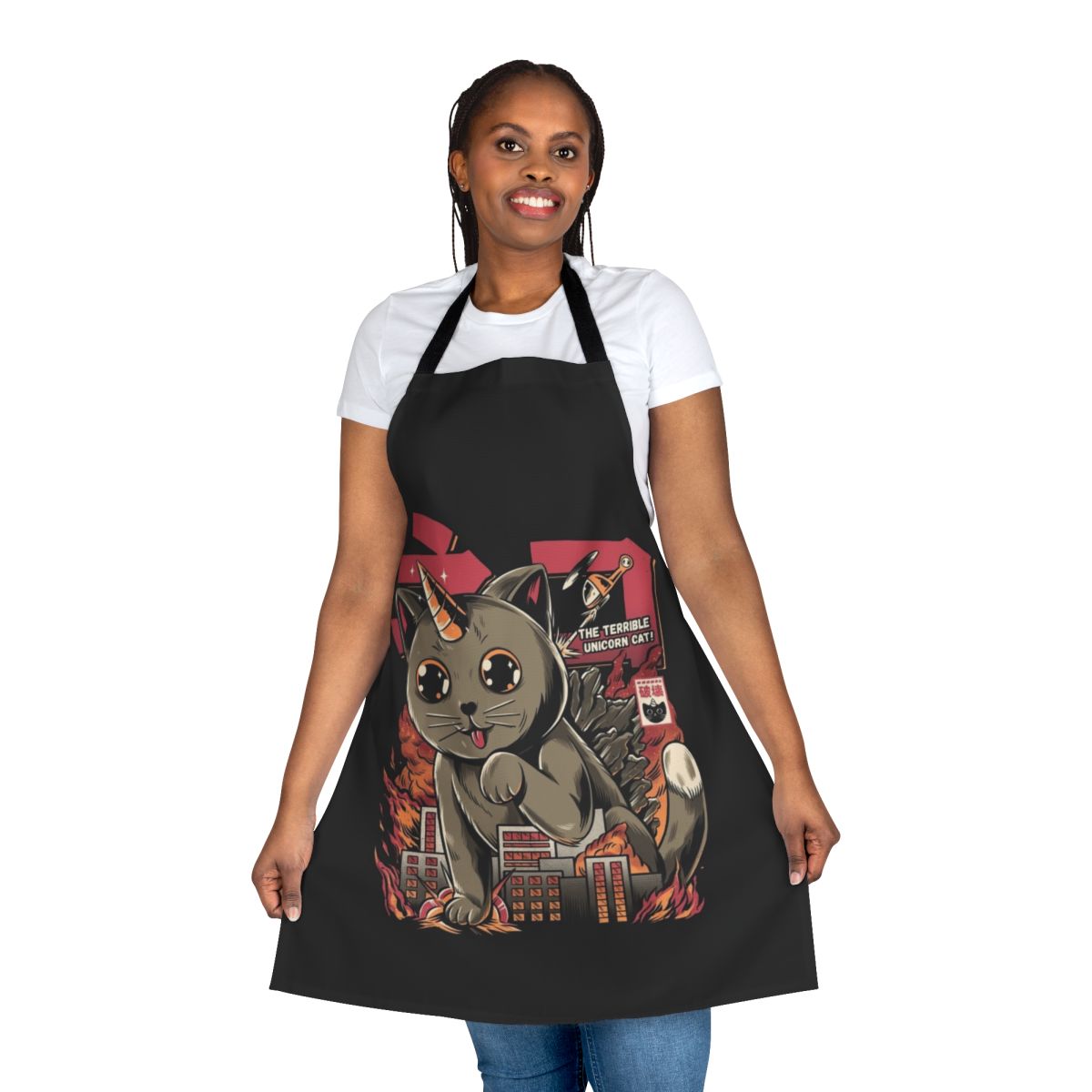 Adorable apron featuring a giant cartoon cat in a kaiju monster-inspired design