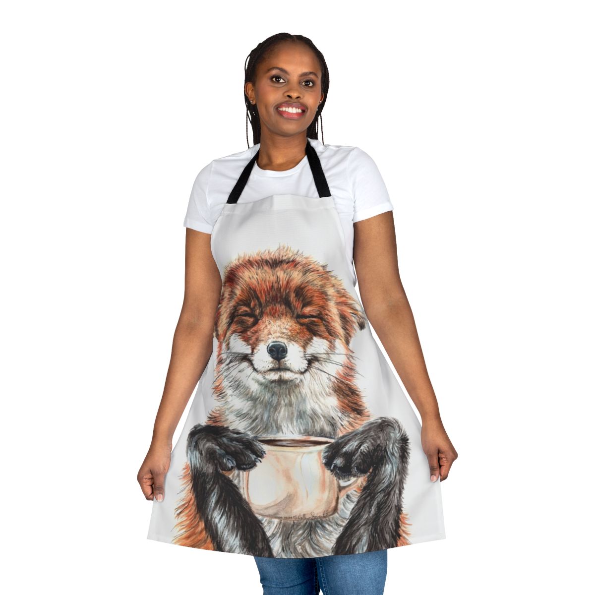 Watercolor illustration of a cute red fox holding a coffee cup, printed on a durable kitchen apron