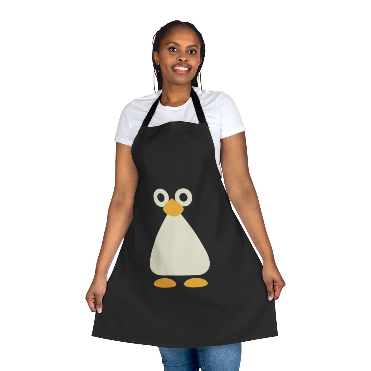 Penguin-patterned apron with cute cartoon penguins in an arctic setting