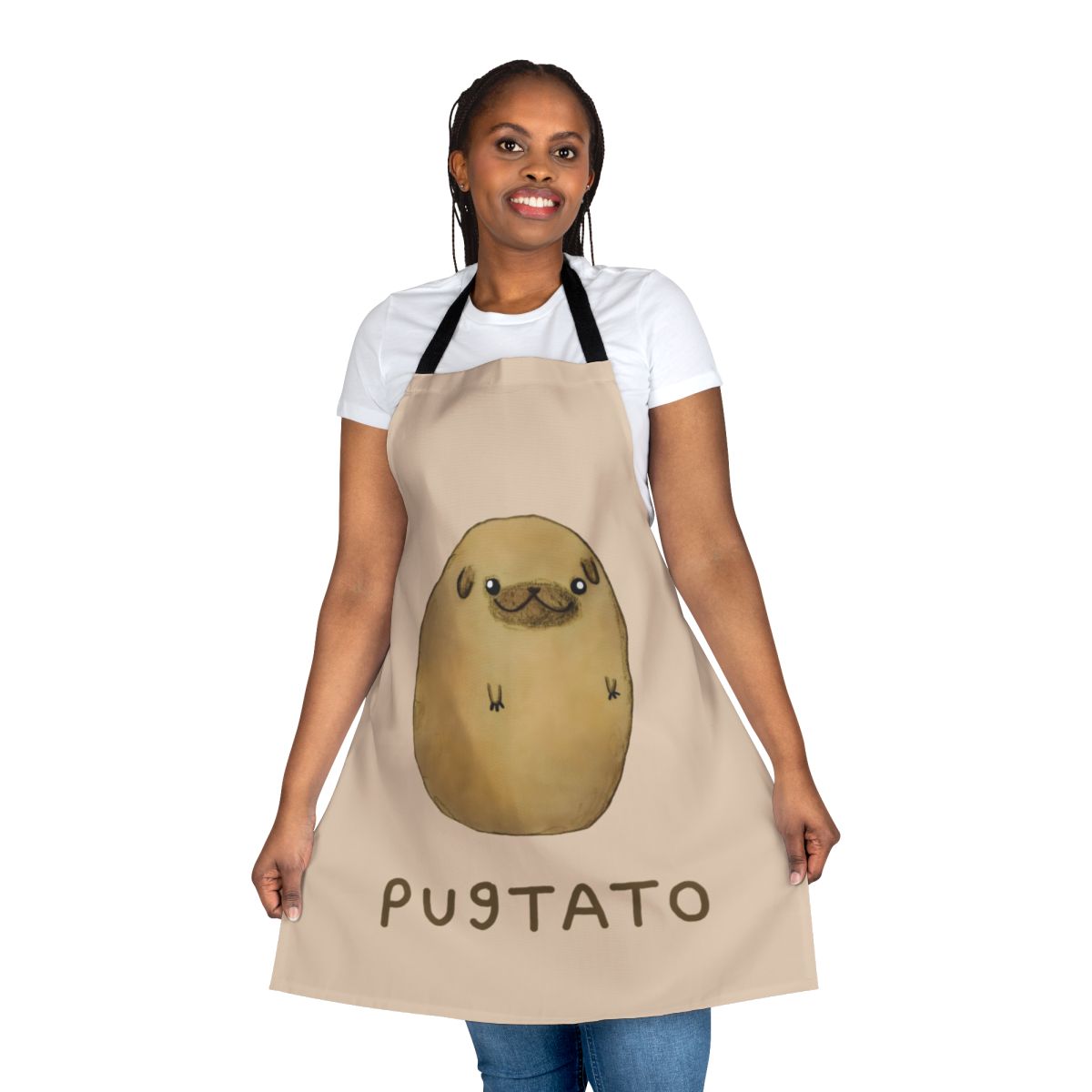 A white apron with a cute pugtato (pug-potato) design, perfect for cooking and baking.