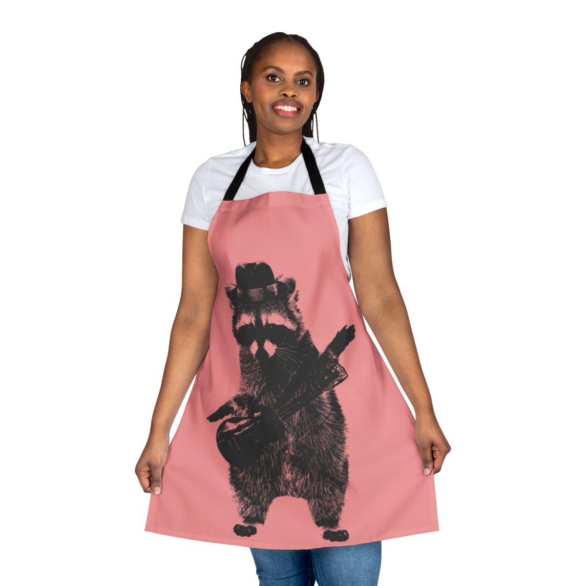 A raccoon wearing an apron and playing a ukulele