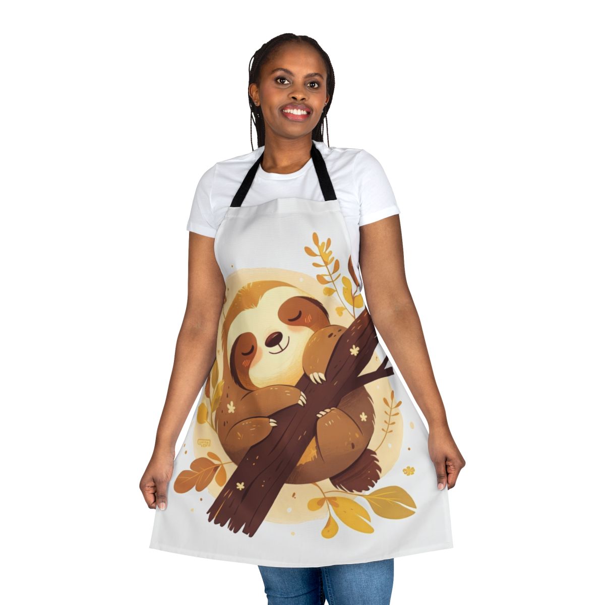 Cute cartoon sloth character relaxing on a tree branch, printed on an autumn-themed apron