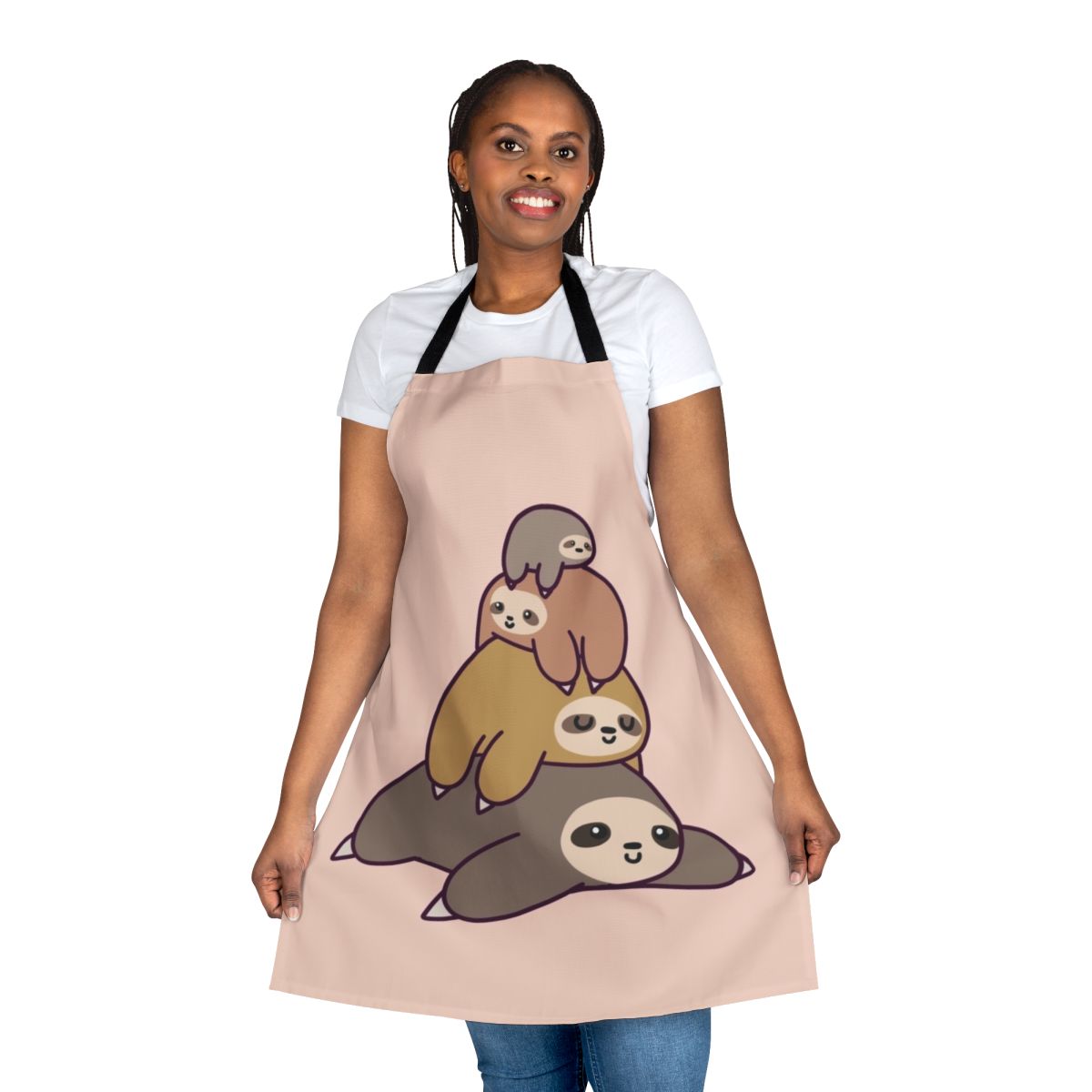 Illustration of a stack of cute cartoon sloths on a kitchen apron