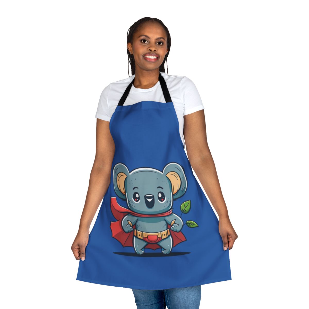 Adorable superhero koala character wearing a superhero cape, printed on a high-quality apron.