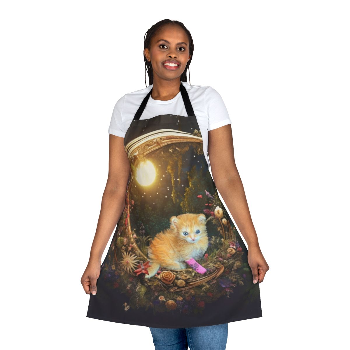A whimsical tater tot themed apron featuring cute kittens and the text "Tater Tot Crusade" on a dreamy background.