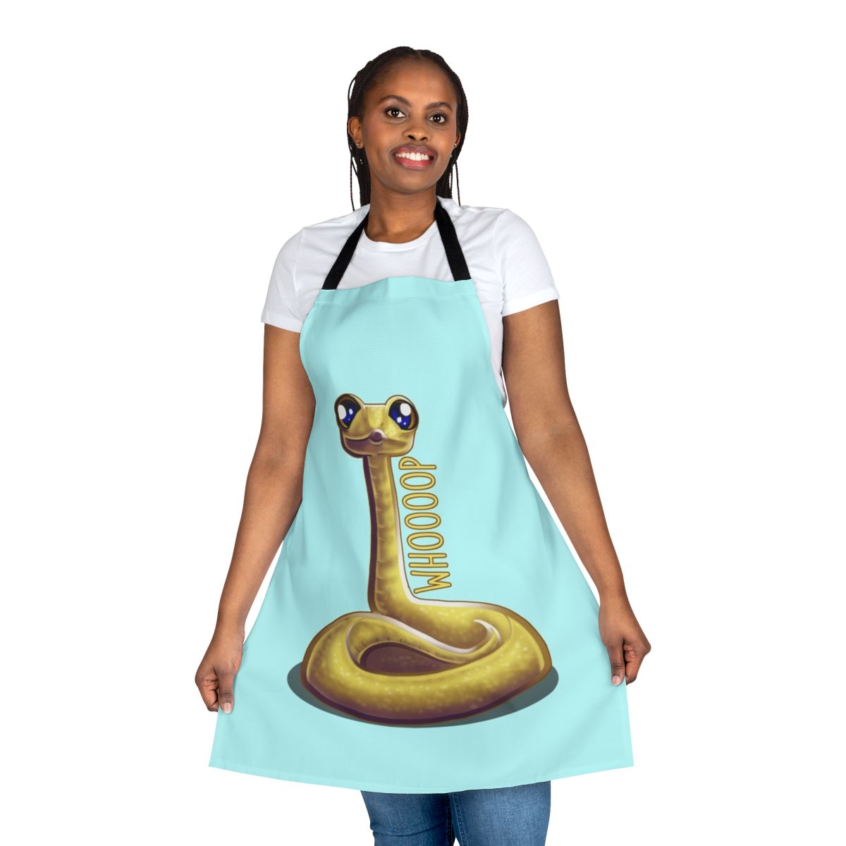 Colorful illustration of a cute, whimsical whooping snake on a kitchen apron