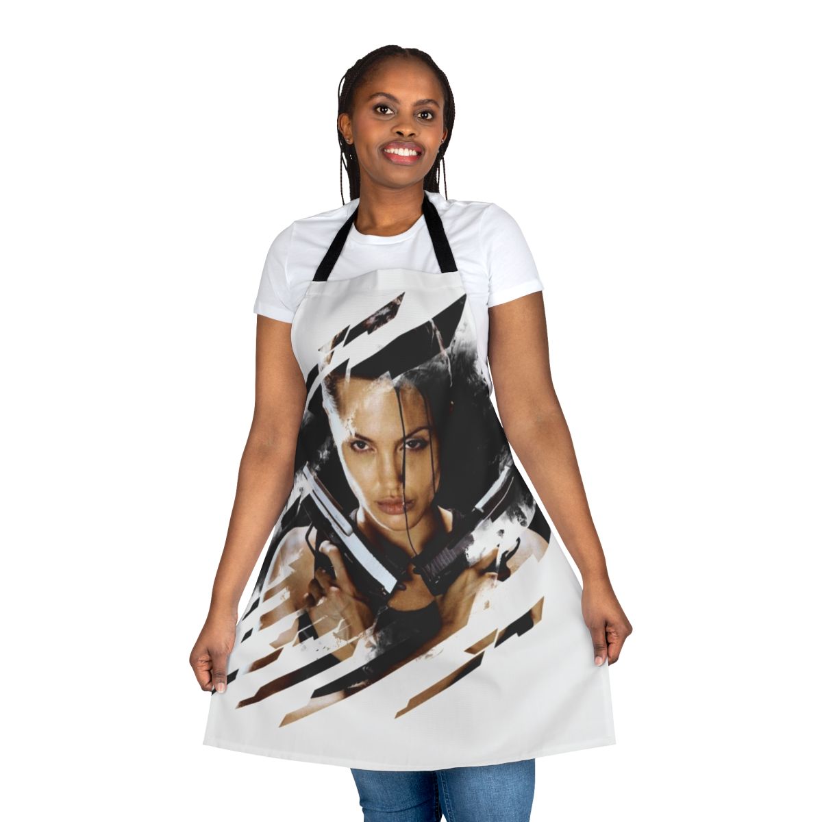 Lara Croft inspired apron with Tomb Raider and Angelina Jolie design