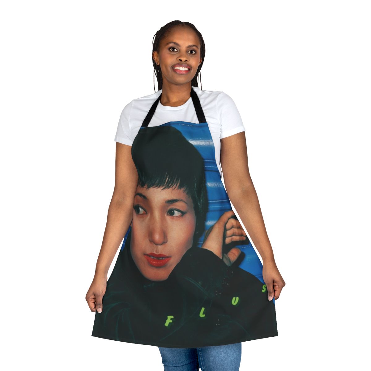 Vibrant vaporwave-inspired apron featuring a retro Japanese aesthetic design