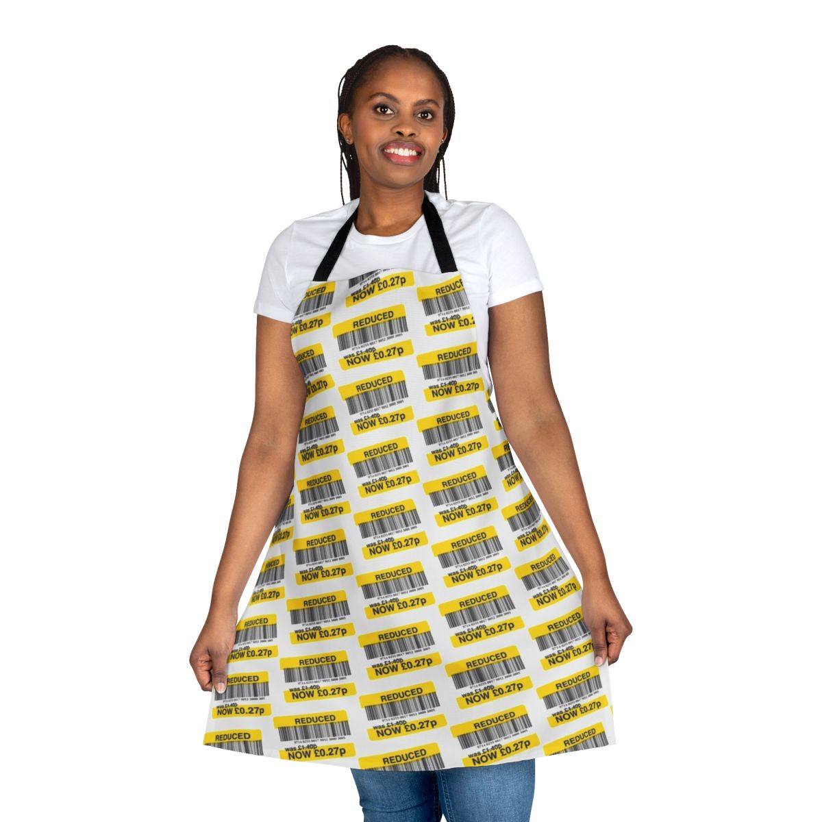 Yellow apron with discount tag, great for budget-minded buyers