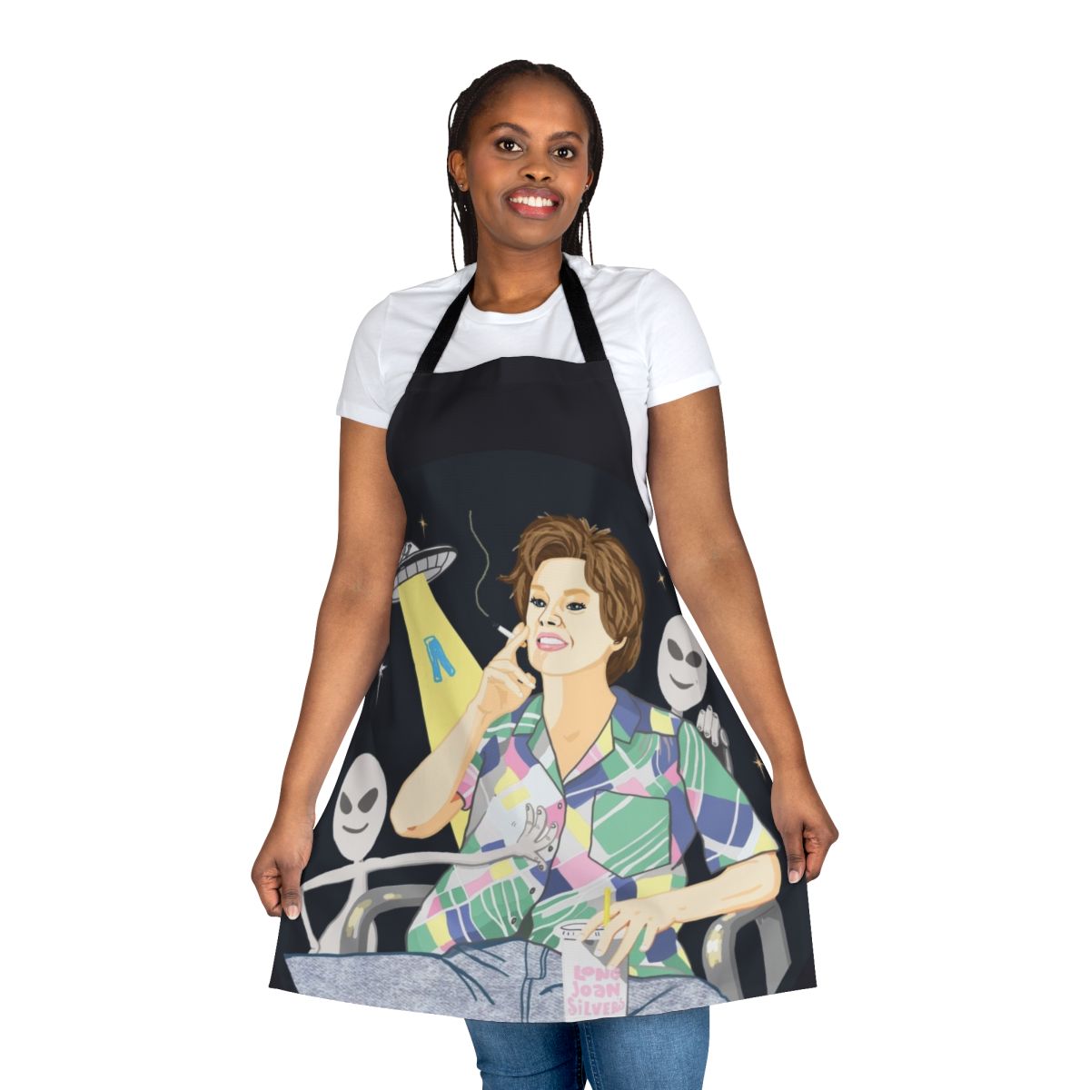 Alien-themed apron featuring Kate McKinnon's iconic "Ms. Rafferty" character from Saturday Night Live's "Alien Encounter" sketch.