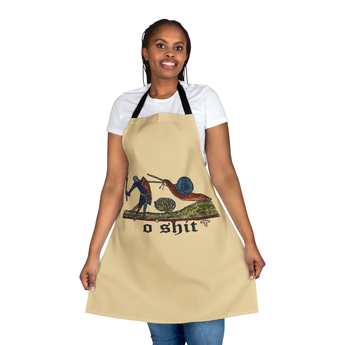 Illustration of a medieval knight fighting a snail on an apron