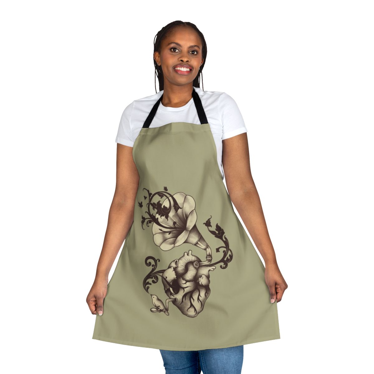 Apron featuring an anatomical heart design with vintage music elements and nature imagery