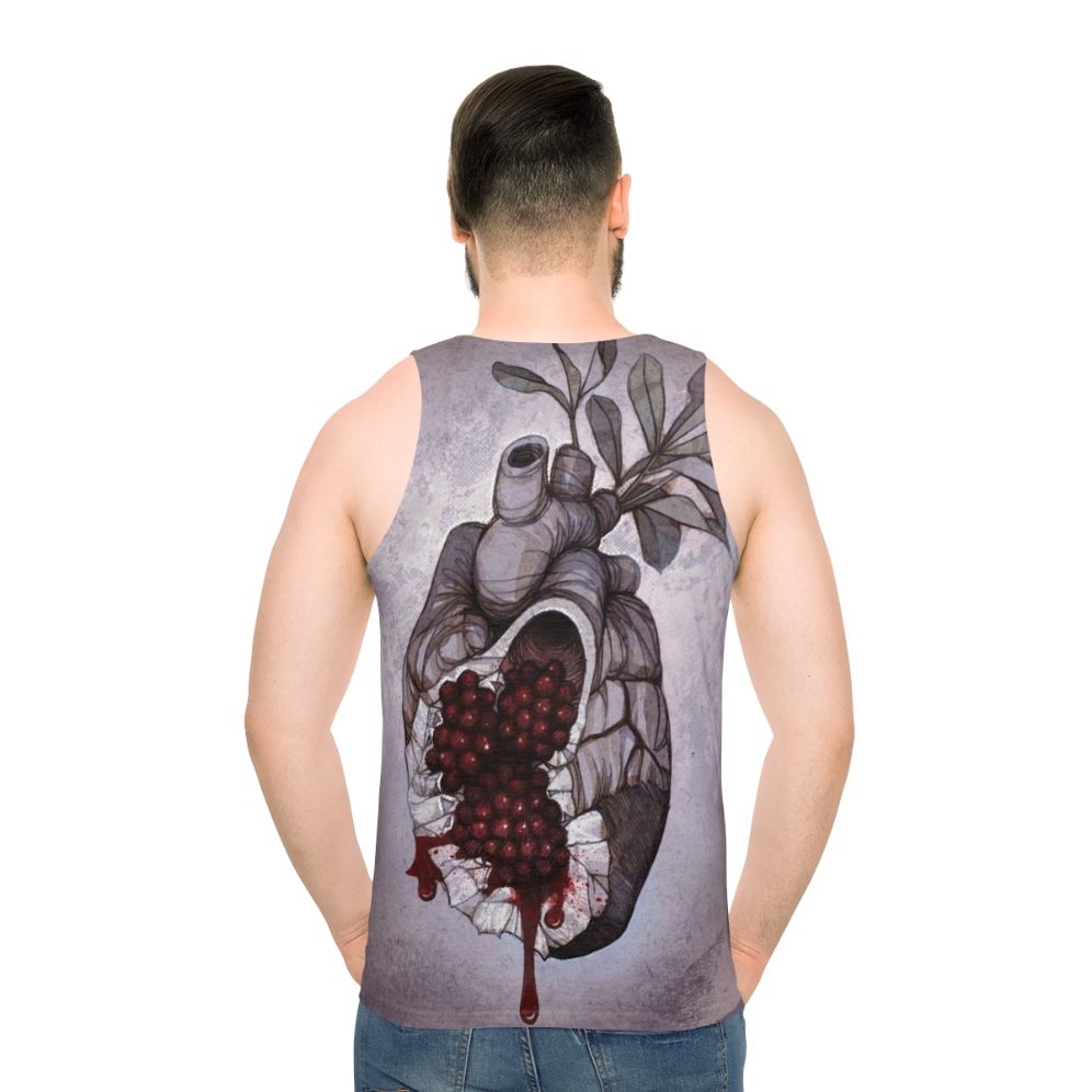 Unisex tank top featuring an anatomical heart design with pomegranate elements based on the Greek mythology of Hades and Persephone
