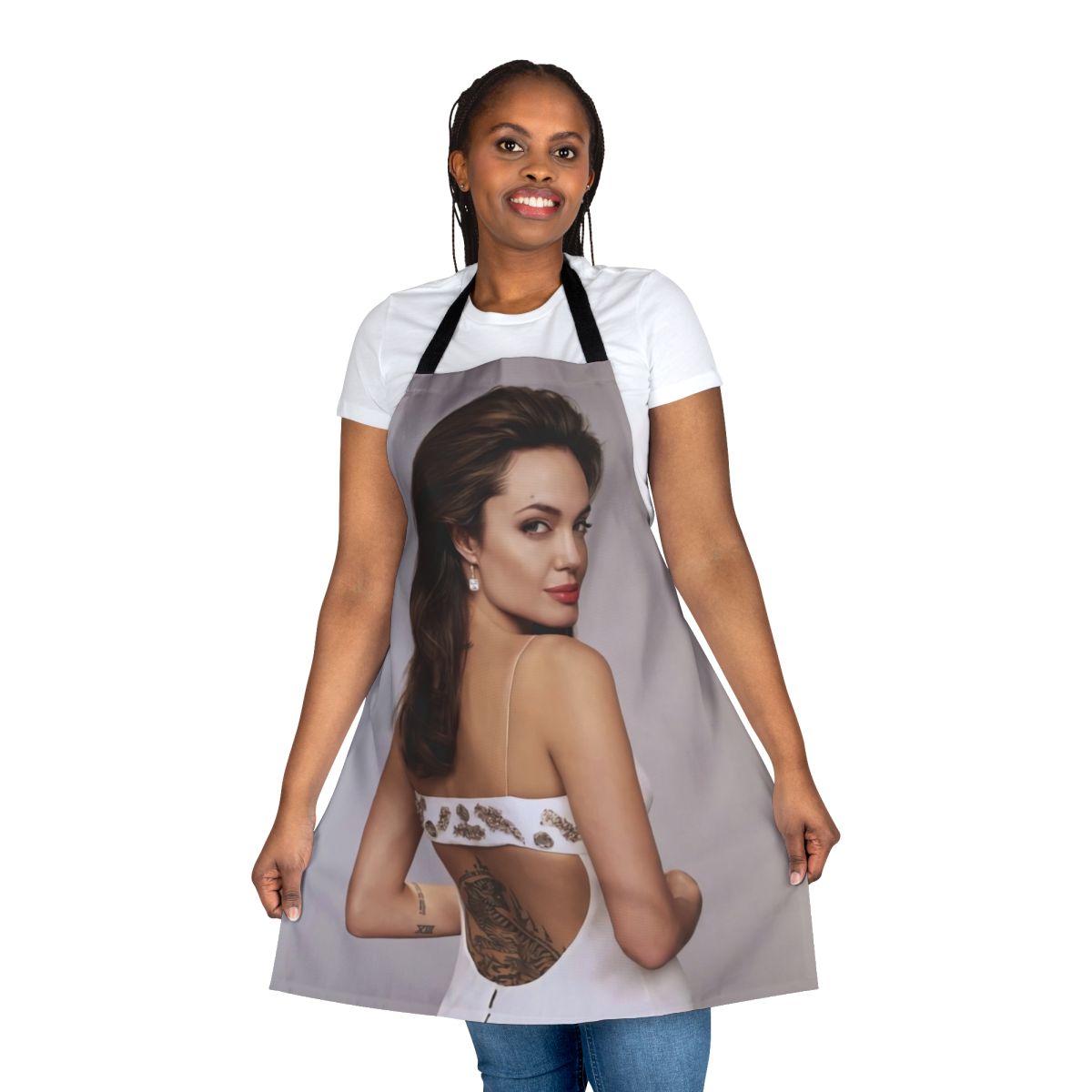 Angelina Jolie inspired tattoo design printed on a high-quality kitchen apron