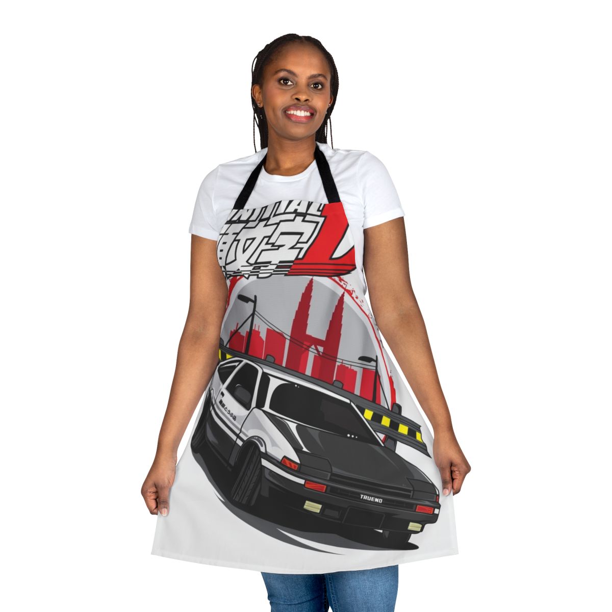 Stylish black apron featuring the iconic Toyota Corolla Levin AE86 "Hachiroku" from the anime Initial D