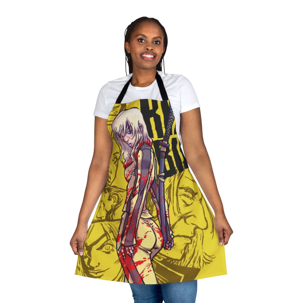Anime-inspired assassin-themed kitchen apron featuring characters and designs from the Kill Bill film series