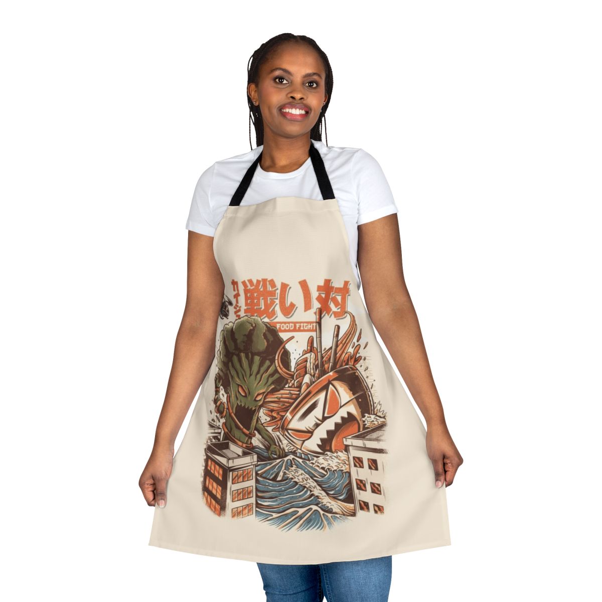 Vibrant anime-style illustration of broccoli and ramen noodle monsters fighting on a blue background, printed on a high-quality apron.